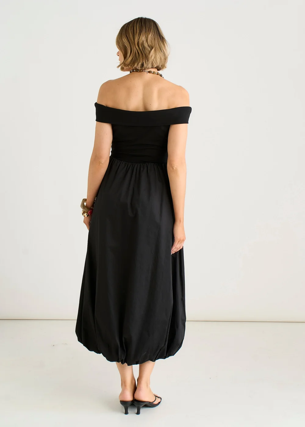 Gini London Black Bardot Jersey Mix Puff Ball Midi Dress - 10 Image 2