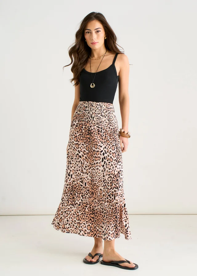 Gini London Brown Animal Print Elasticated Waist Skater Skirt