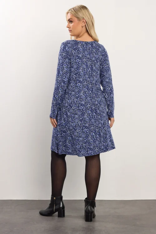 Yours Curve Blue Floral Print Pleat Front Dress - 22-24 Image 3