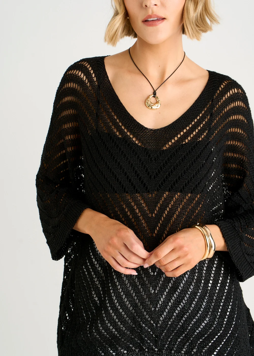 Gini London Black V-Neck Chevron Crochet Knit Top - M/L Image 3