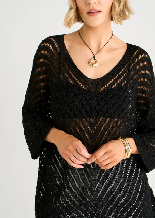 Gini London Black V-Neck Chevron Crochet Knit Top - M/L Image 3