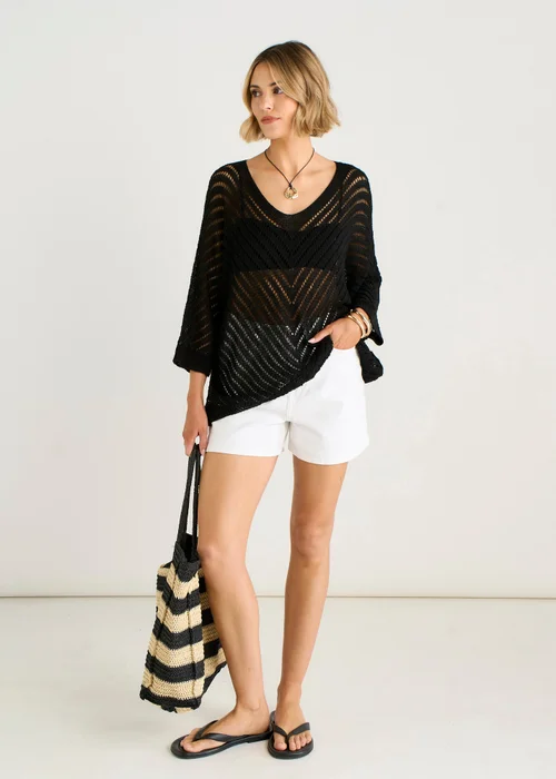 Gini London Black V-Neck Chevron Crochet Knit Top - M/L Image 1