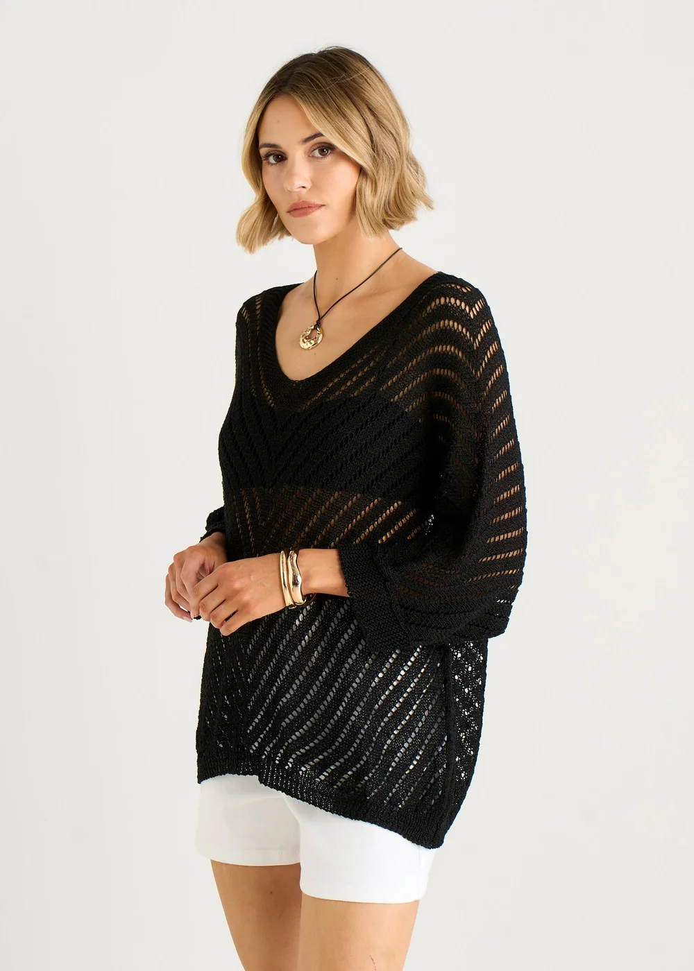 Gini London Black V-Neck Chevron Crochet Knit Top - M/L Image 4
