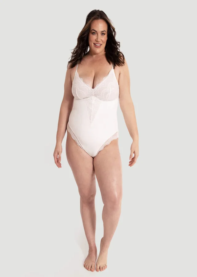 Conturve White Plunging Lace Bodysuit Shaping Thong