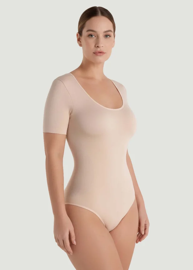 Conturve Beige Short-Sleeve Seamless Sculpt Shapewear Bodysuit