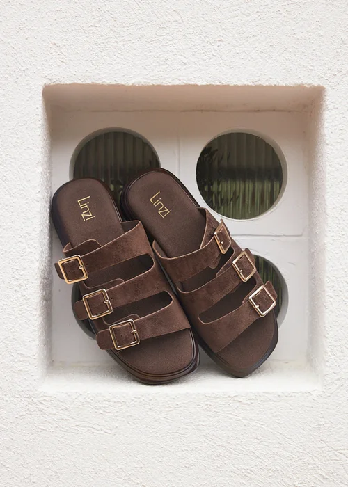 Linzi Satellite Brown Faux Suede Flat Sandals - Size 7 Image 1