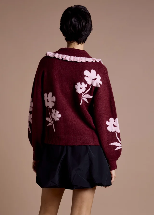 Neon Rose Burgundy Flower Intarsia Collared Cardigan