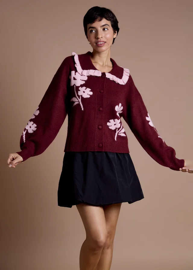 Neon Rose Burgundy Flower Intarsia Collared Cardigan
