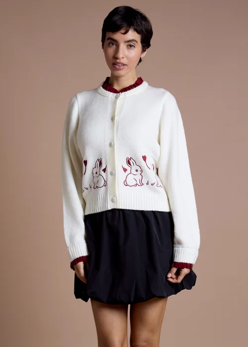 Neon Rose Cream Contrast Trim Bunny Embroidered Cardigan - XS Image 1
