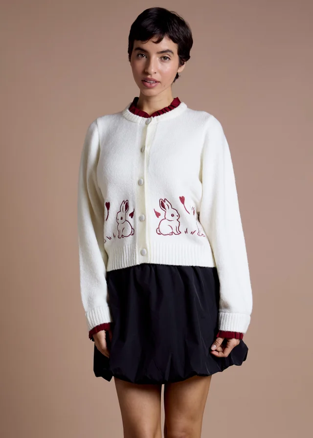 Neon Rose Cream Contrast Trim Bunny Embroidered Cardigan
