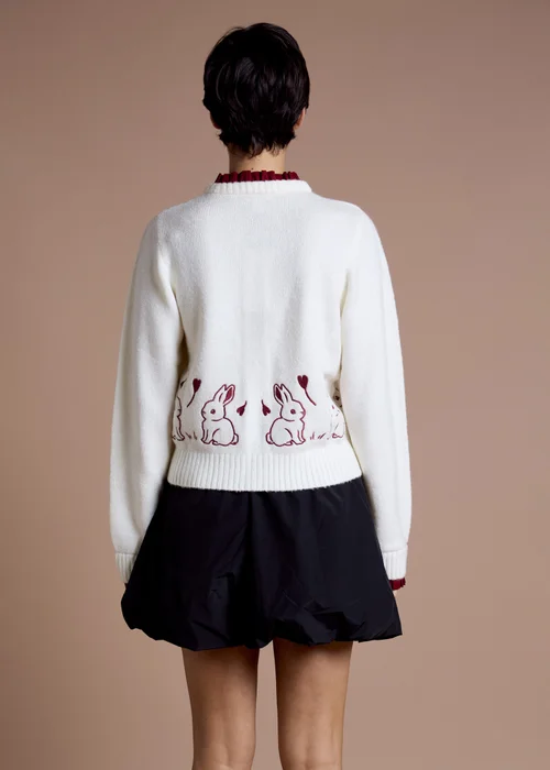 Neon Rose Cream Contrast Trim Bunny Embroidered Cardigan - XS Image 2