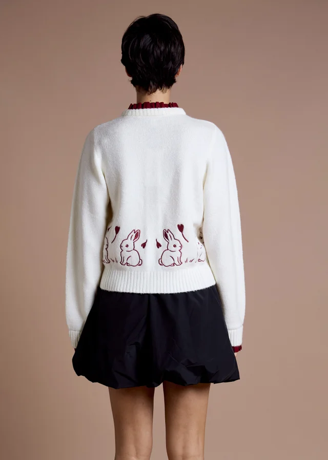 Neon Rose Cream Contrast Trim Bunny Embroidered Cardigan