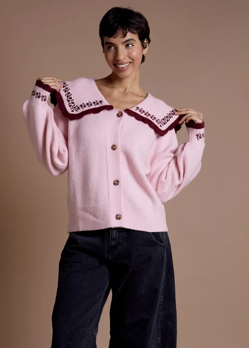 Neon Rose Pink Sailor Collar Floral Embroidered Cardigan - XL Image 5