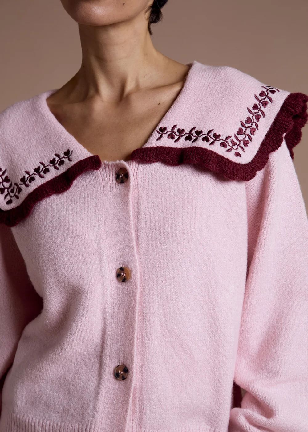 Neon Rose Pink Sailor Collar Floral Embroidered Cardigan - XL Image 3
