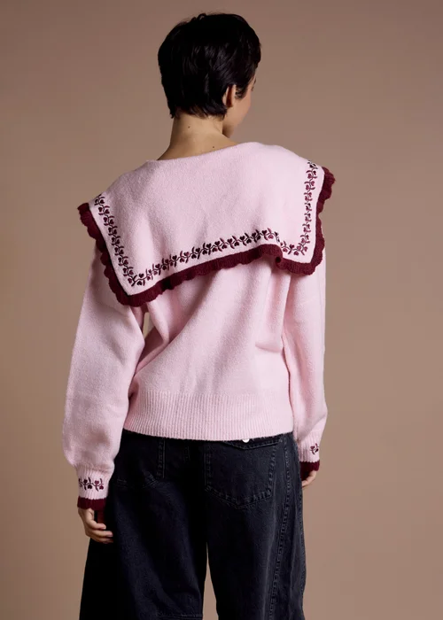 Neon Rose Pink Sailor Collar Floral Embroidered Cardigan - XL Image 2