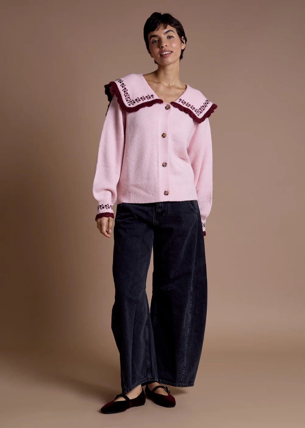 Neon Rose Pink Sailor Collar Floral Embroidered Cardigan - XL Image 4