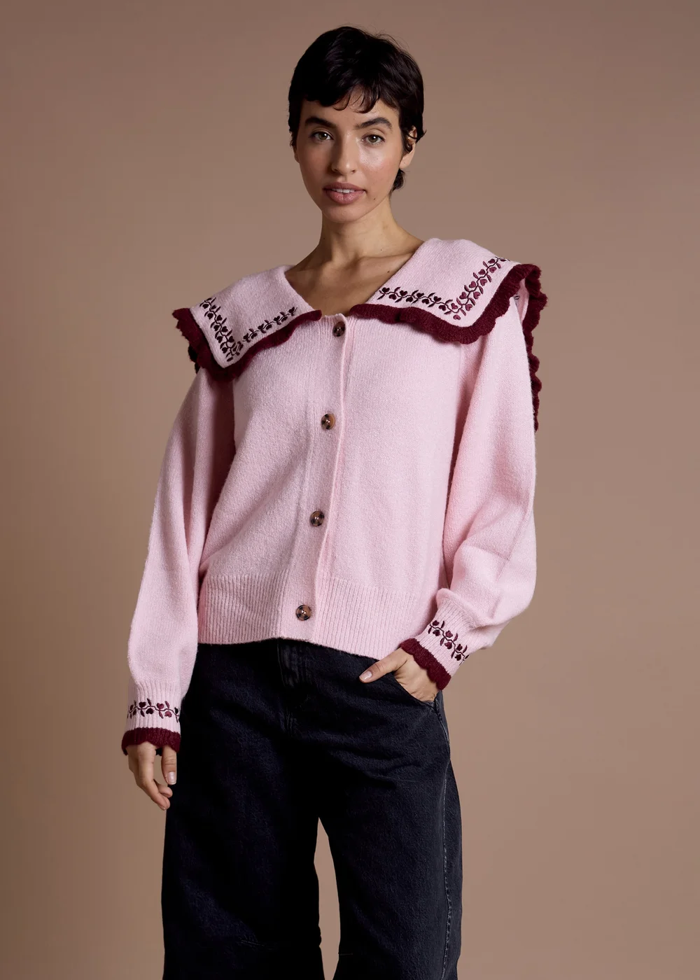 Neon Rose Pink Sailor Collar Floral Embroidered Cardigan - XL Image 1