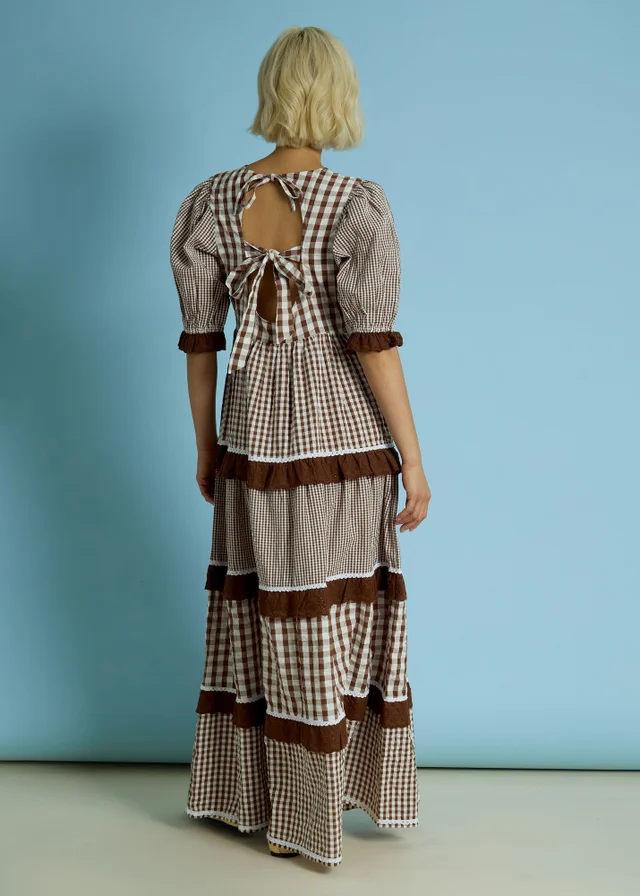 Neon Rose Brown Cotton Gingham Tiered Maxi Dress