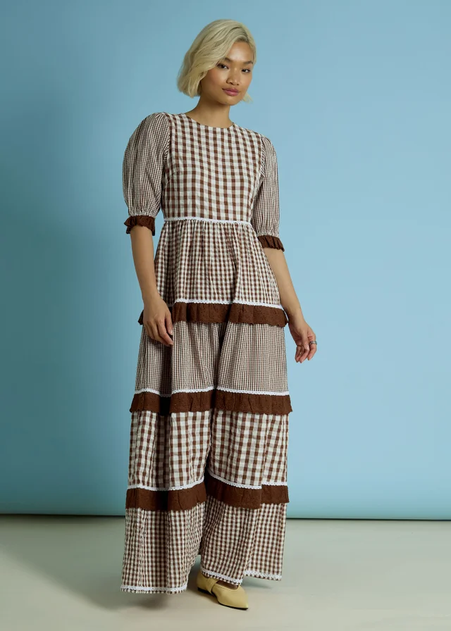 Neon Rose Brown Cotton Gingham Tiered Maxi Dress