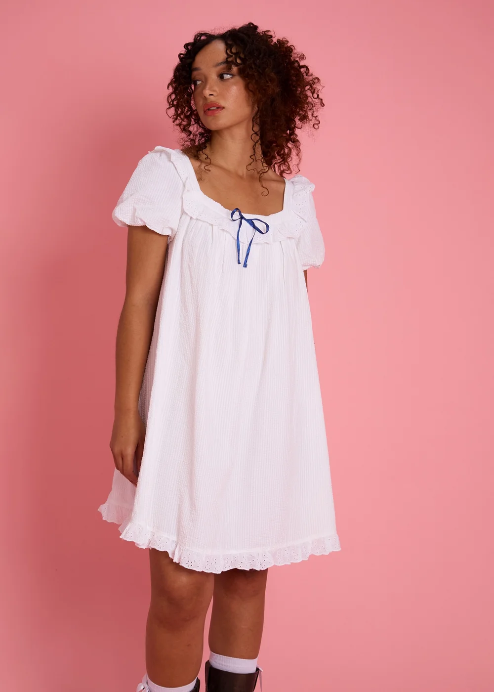 Neon Rose White Cotton Babydoll Mini Dress - XL Image 5
