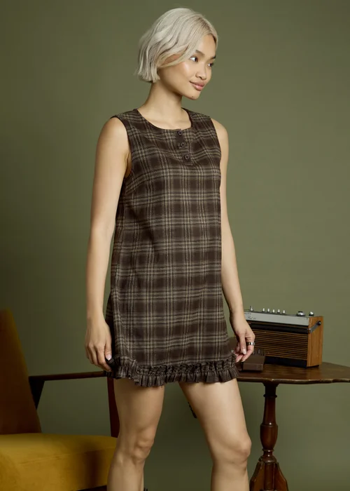Neon Rose Brown Cotton Check Frill Hem Dress - S Image 5
