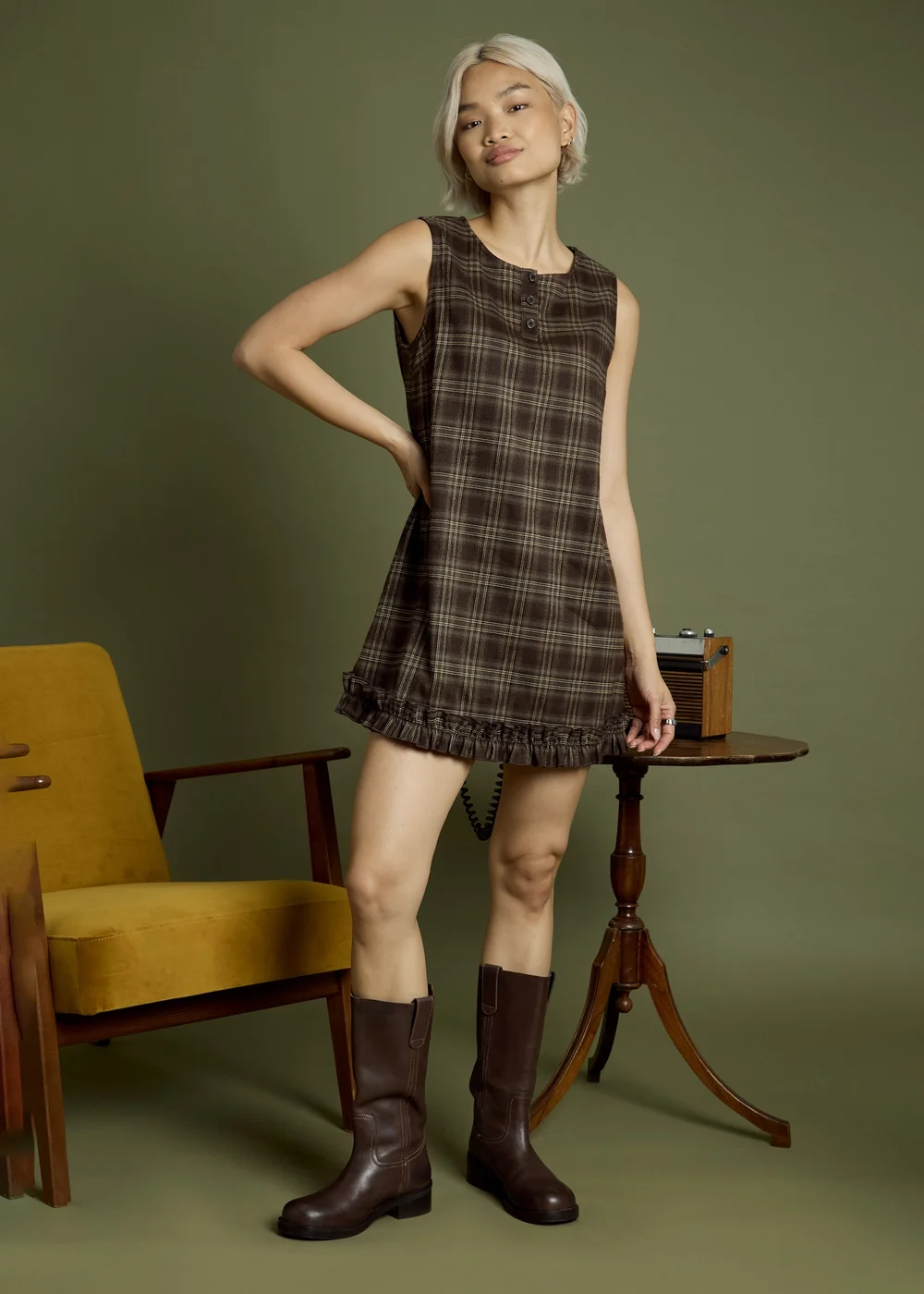 Neon Rose Brown Cotton Check Frill Hem Dress - S Image 4