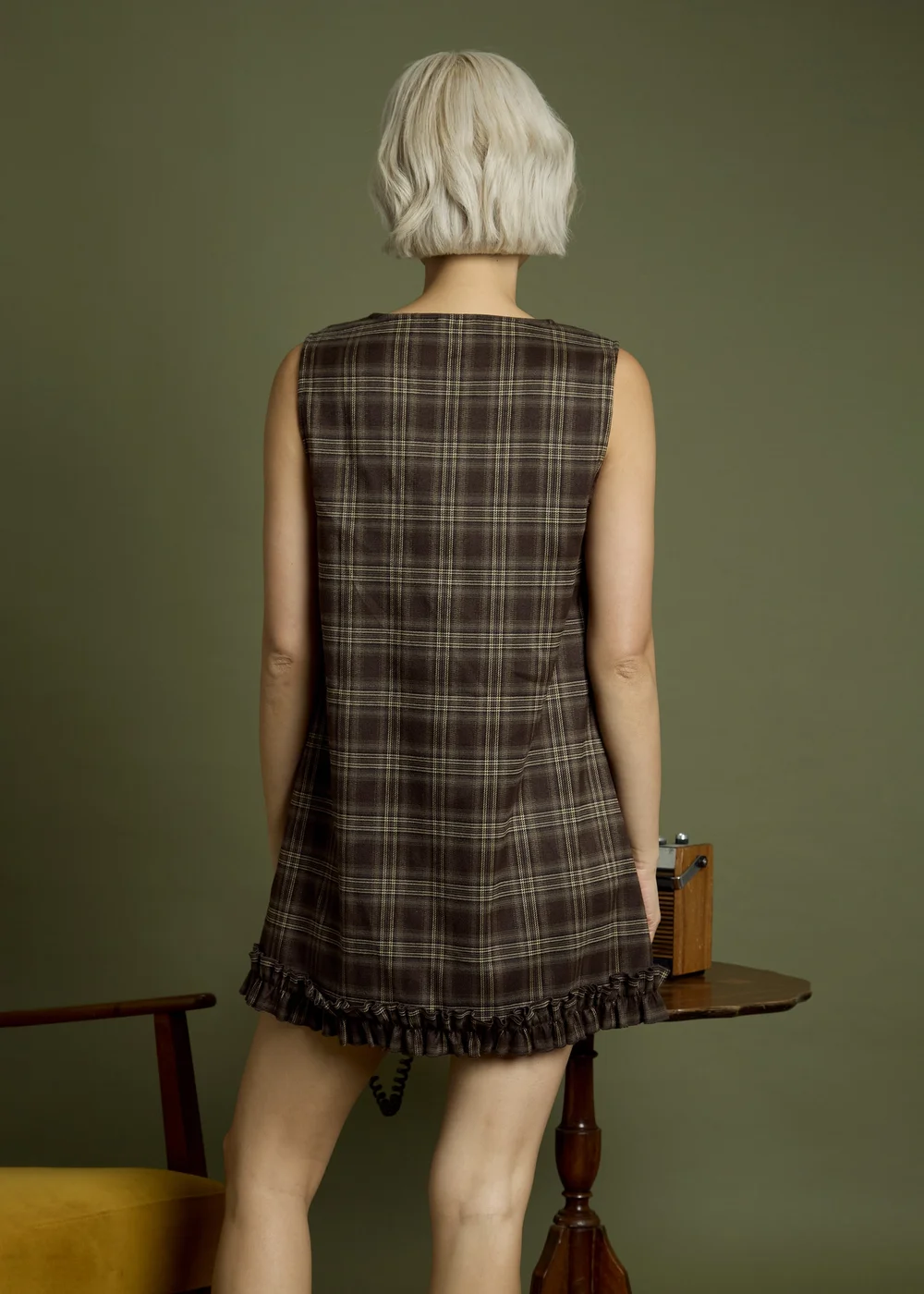 Neon Rose Brown Cotton Check Frill Hem Dress - S Image 2