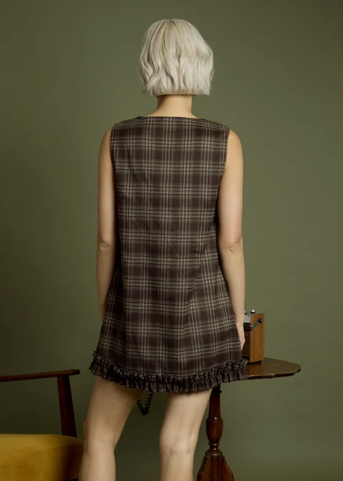 Neon Rose Brown Cotton Check Frill Hem Dress - S Image 2