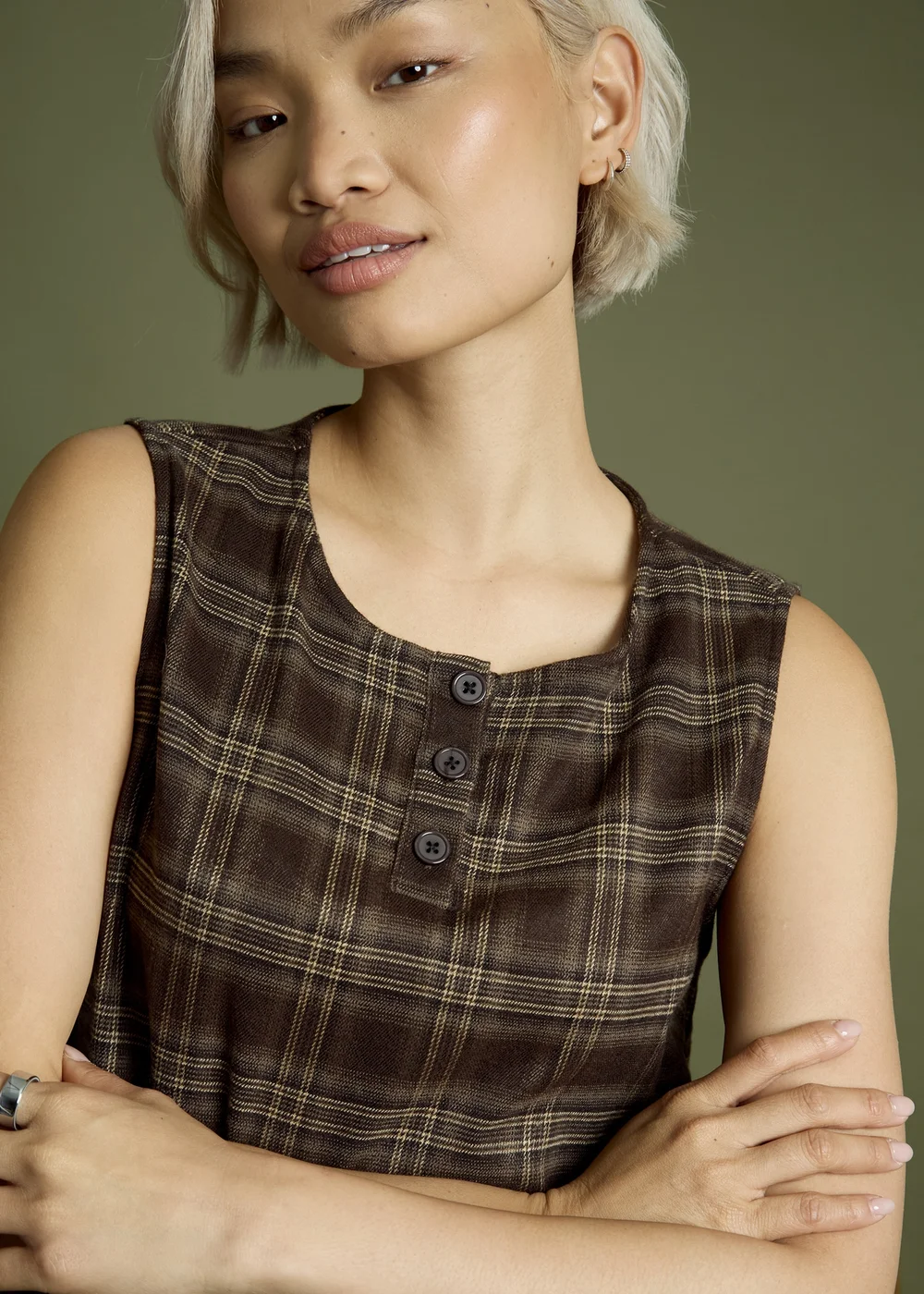 Neon Rose Brown Cotton Check Frill Hem Dress - S Image 3