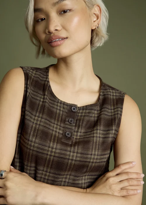 Neon Rose Brown Cotton Check Frill Hem Dress - S Image 3