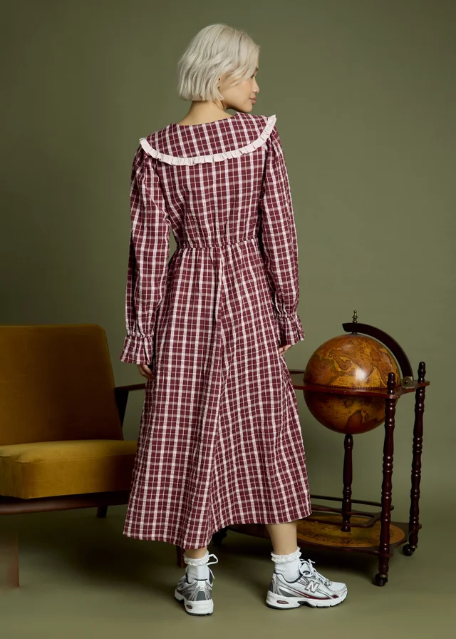 Neon Rose Burgundy Cotton Check V-Neck Midi Tea Dress