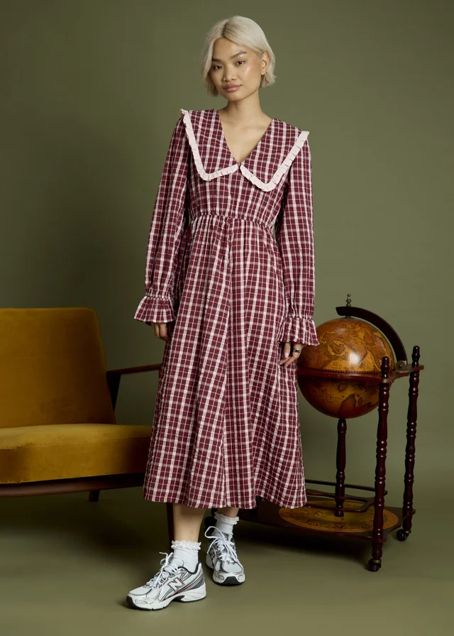 Neon Rose Burgundy Cotton Check V-Neck Midi Tea Dress