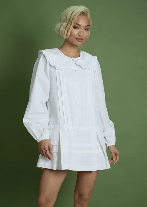 Neon Rose White Cotton Peter Pan Collar Drop Hem Dress - S Image 1