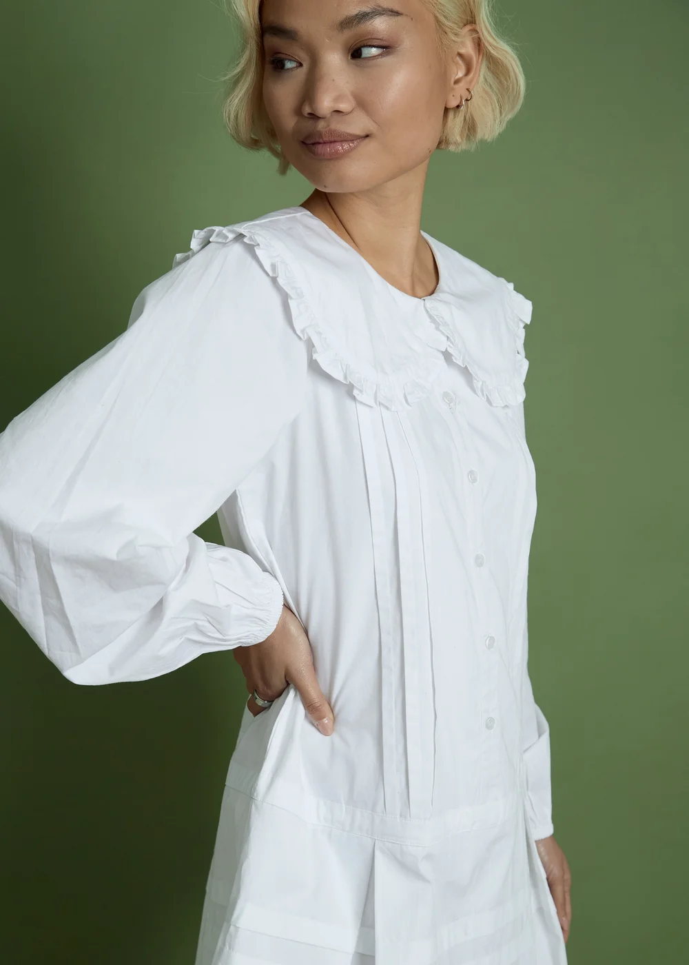 Neon Rose White Cotton Peter Pan Collar Drop Hem Dress - S Image 5