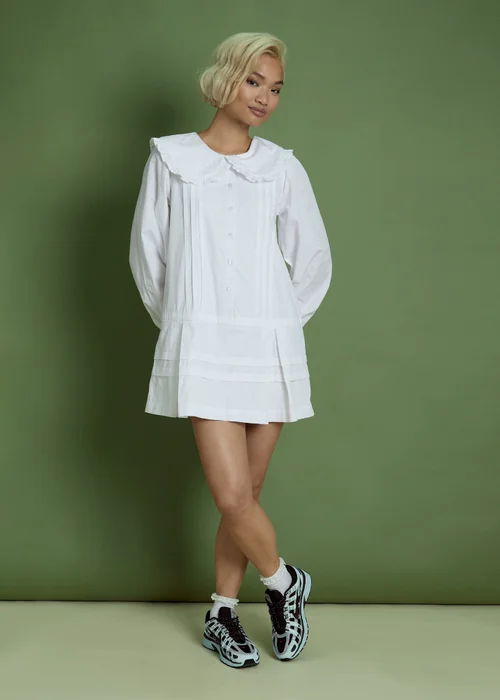 Neon Rose White Cotton Peter Pan Collar Drop Hem Dress - S Image 4