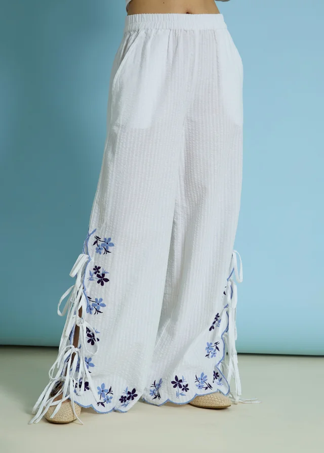 Neon Rose White Cotton Stretch Tie Side Floral Embroidered Trousers