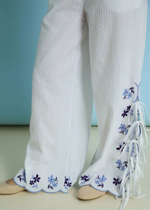 Neon Rose White Cotton Stretch Tie Side Floral Embroidered Trousers - L Image 3