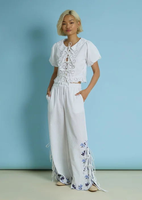 Neon Rose White Cotton Stretch Tie Side Floral Embroidered Trousers - L Image 4