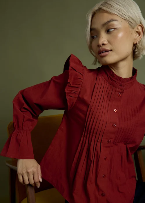 Neon Rose Burgundy Cotton High Ruffle Neck Pintuck Blouse - S Image 3