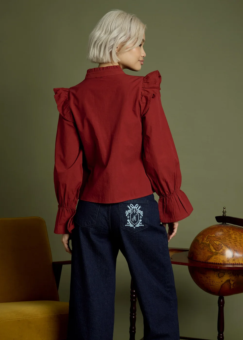 Neon Rose Burgundy Cotton High Ruffle Neck Pintuck Blouse - S Image 2