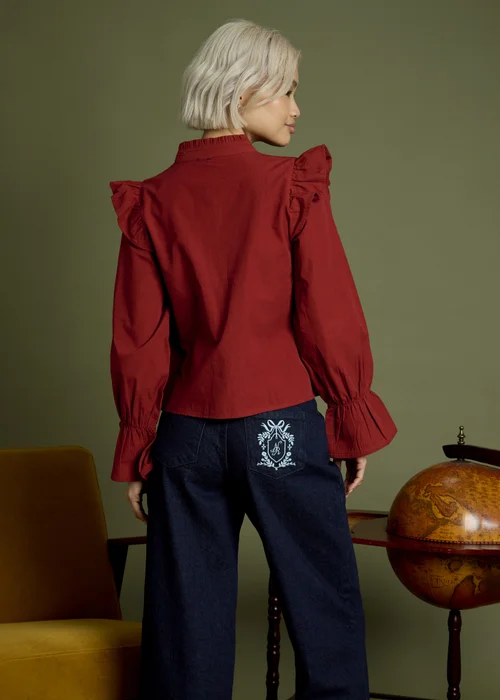 Neon Rose Burgundy Cotton High Ruffle Neck Pintuck Blouse - S Image 2