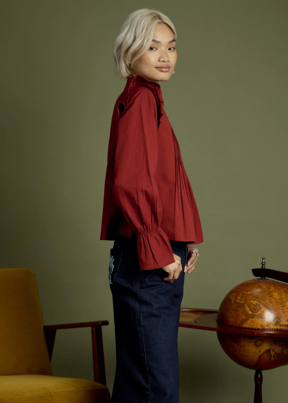 Neon Rose Burgundy Cotton High Ruffle Neck Pintuck Blouse - S Image 5