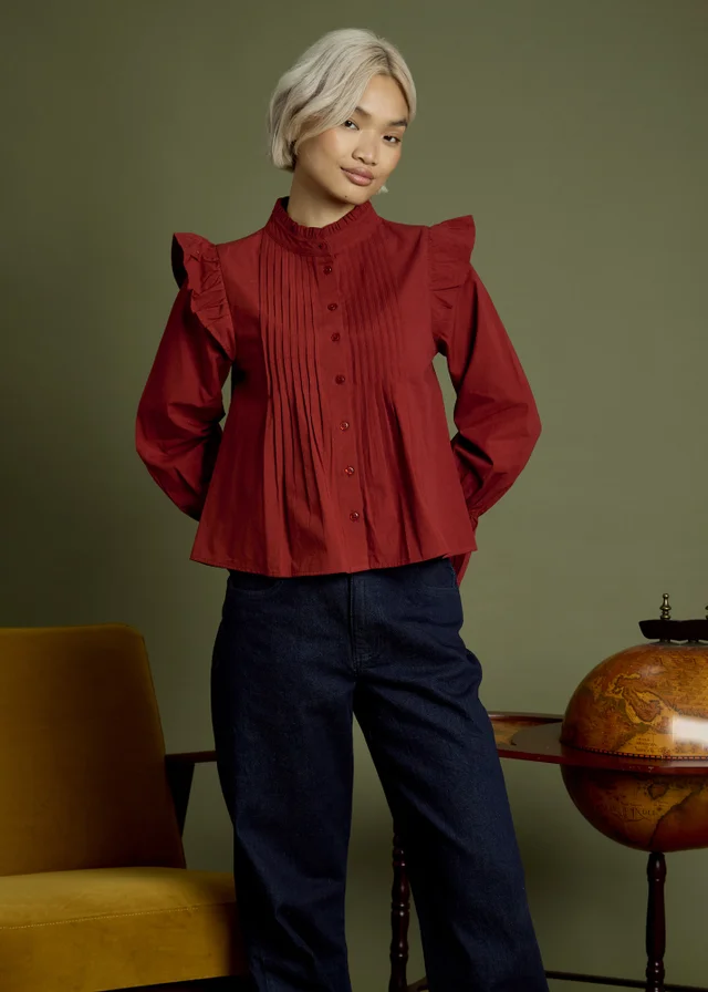 Neon Rose Burgundy Cotton High Ruffle Neck Pintuck Blouse