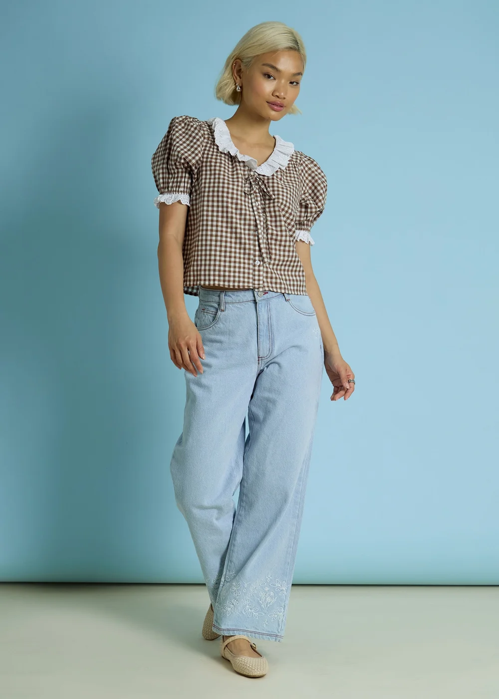 Neon Rose Brown Cotton Stretch Broderie Trim Gingham Blouse - L Image 5