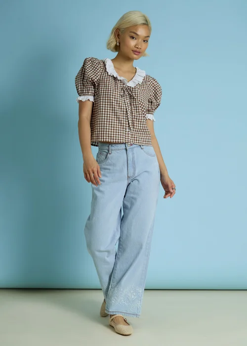 Neon Rose Brown Cotton Stretch Broderie Trim Gingham Blouse - L Image 5
