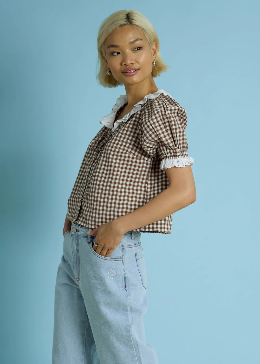 Neon Rose Brown Cotton Stretch Broderie Trim Gingham Blouse - L Image 3