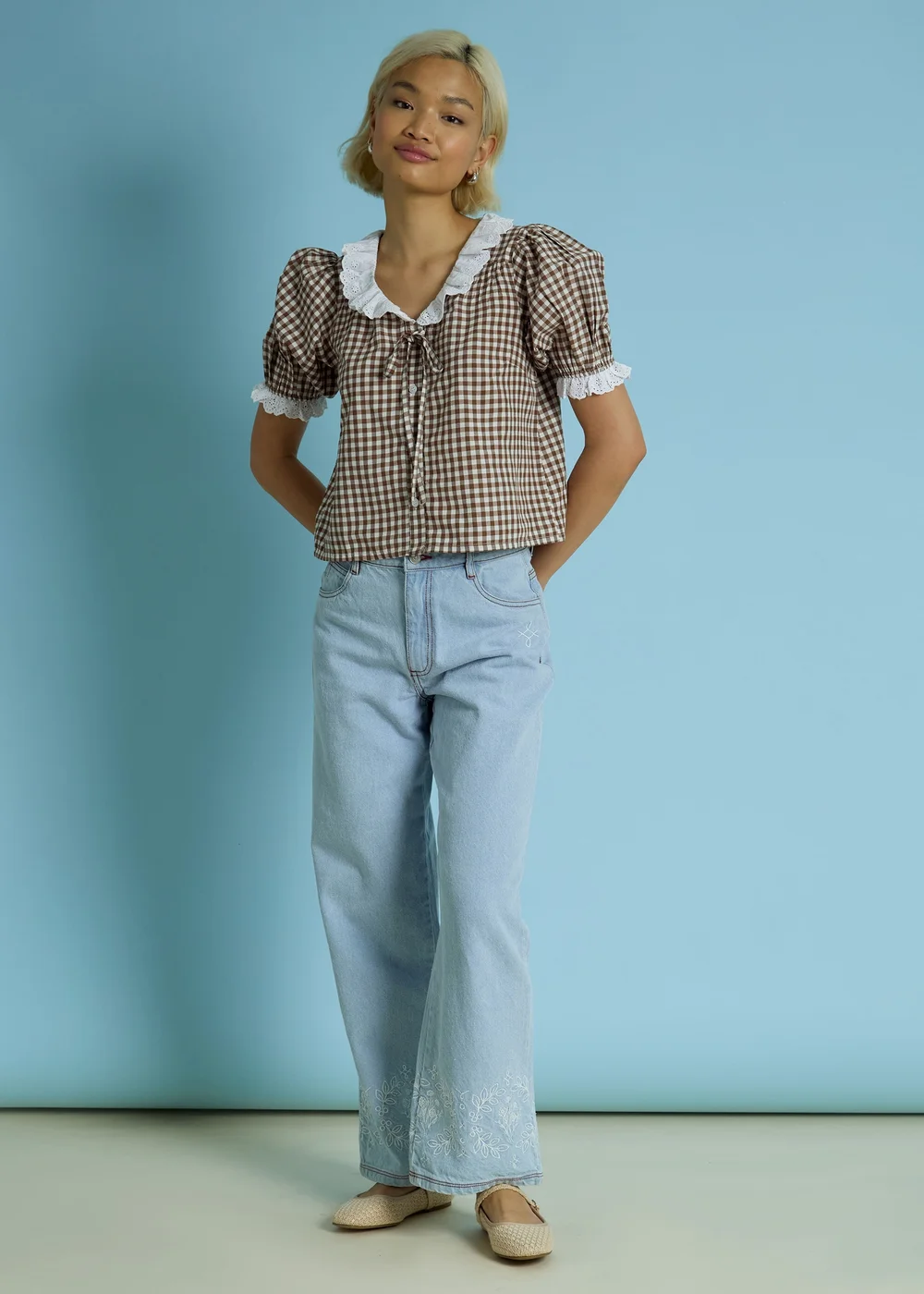 Neon Rose Brown Cotton Stretch Broderie Trim Gingham Blouse - L Image 4