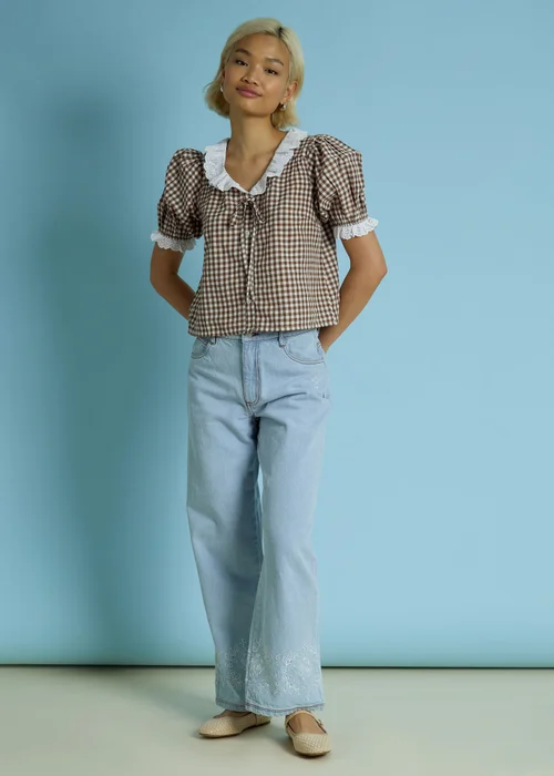 Neon Rose Brown Cotton Stretch Broderie Trim Gingham Blouse - L Image 4