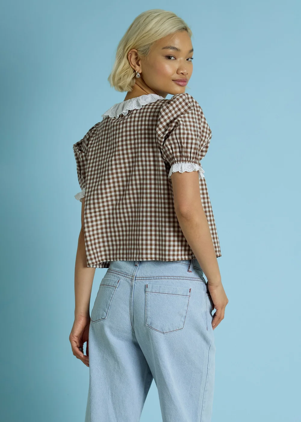 Neon Rose Brown Cotton Stretch Broderie Trim Gingham Blouse - L Image 2