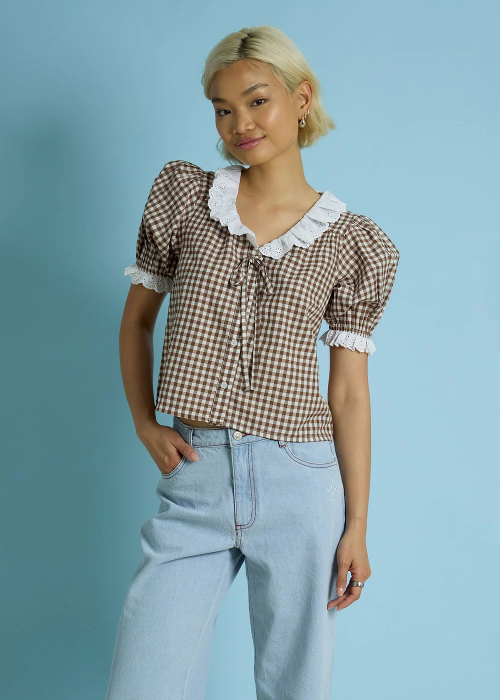 Neon Rose Brown Cotton Stretch Broderie Trim Gingham Blouse - L Image 1